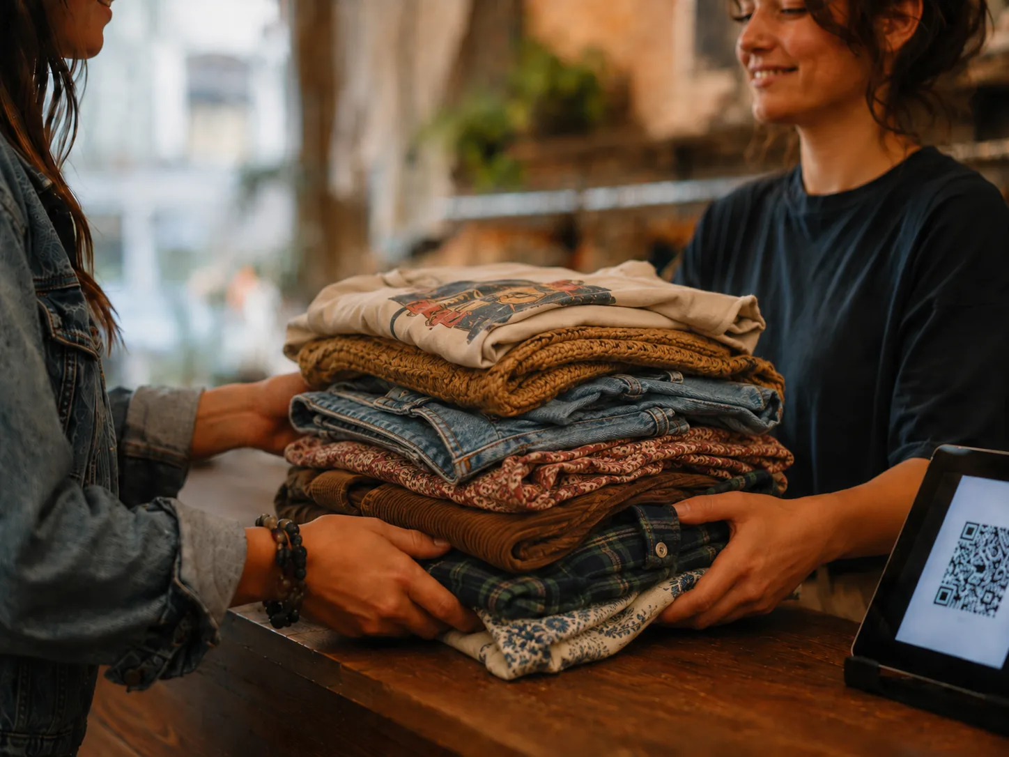 Seller dropping off a bag of clothes at the counter